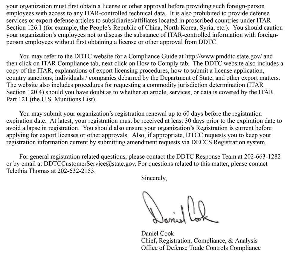Page 2 of the ITAR Registration Letter